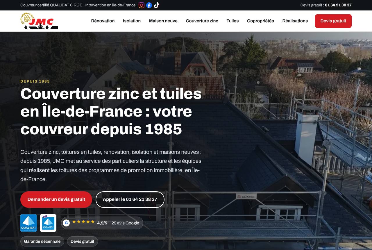 Site du couvreur JMC Couverture en Île-de-France